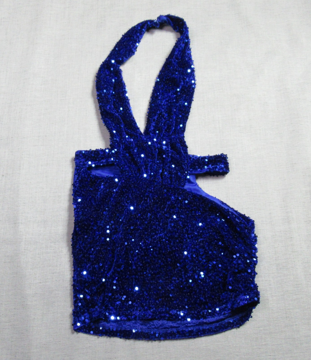 BANJUL Dress Womens Large Blue Sequin Cut-Out Halter Bodycon Mini Party Clubbing